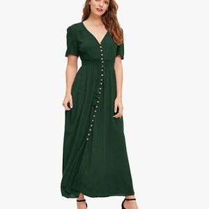 Button Up Split Flowy Short Sleeve Plain A Line Party Maxi Dress